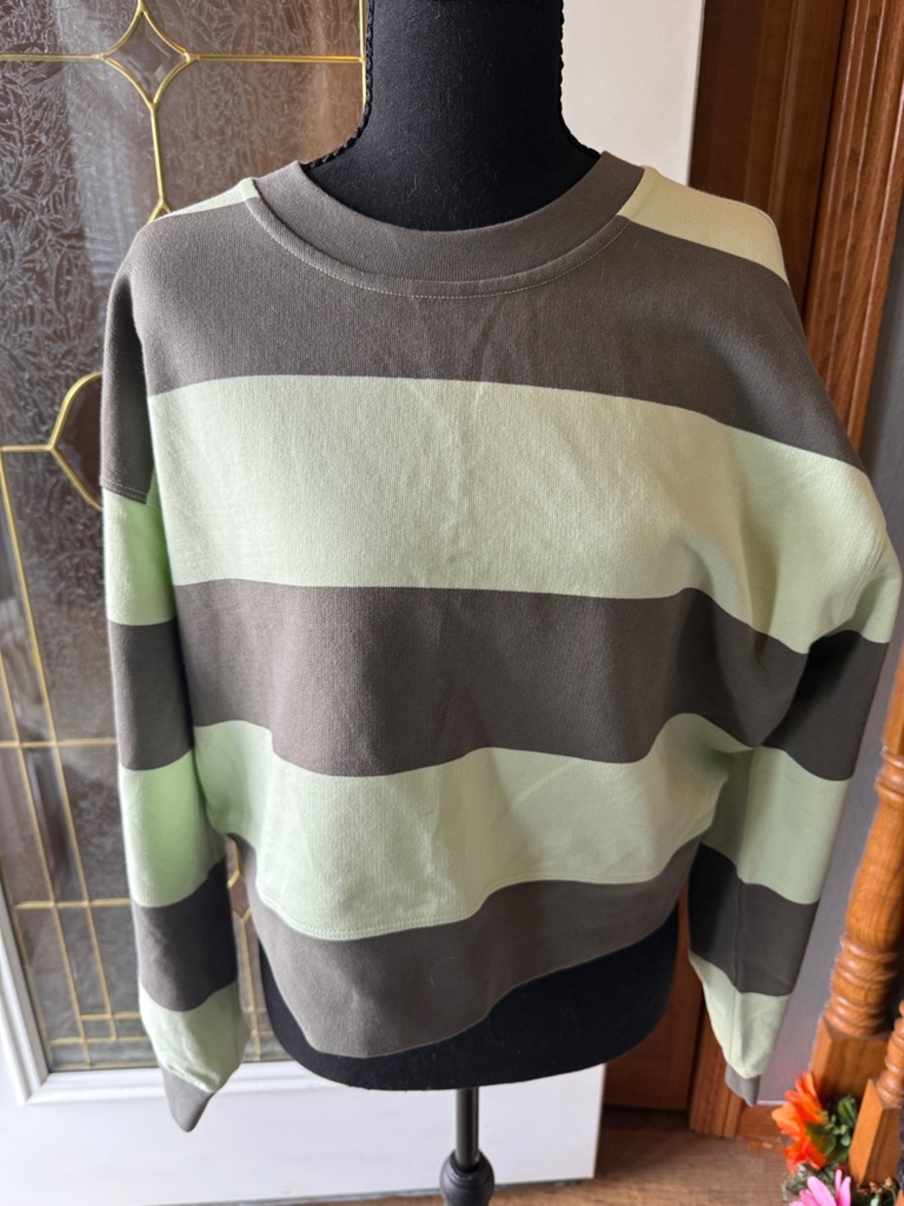 lululemon athletica Green and Grey/Sage Striped Cropped Sweatshirt